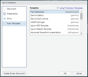 A screenshot of the New R Markdown Template menu in the R Studio IDE. The menu consists of two panes. One on the left and right. The left pane has four markdown options: 'Document', 'Presentation', 'Shiny', and 'From Template'. The 'From Template' option in highlighted and selected. The right pane has various Template options with 'Flex Dashboard' at the top which is selected and highlighted. The bottom of the screen shot has three buttons. In the right hand bottom corner, the button reads 'Create Empty Document.' In the bottom left hand corner are two buttons that read 'OK' and 'Cancel' from left to right.