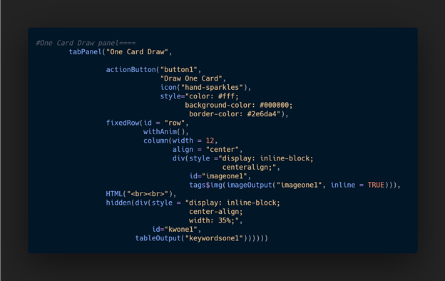 A screenshot of some of the code from the TarotreadR's UI.