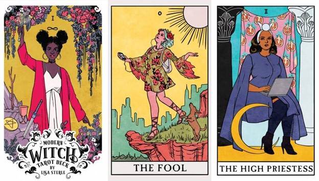 An Image of the box cover for the Modern Witch Tarot Deck by Lisa Sterle and two tarot cards. The Fool and The High Priestess.