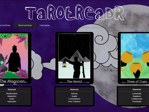 A screenshot of the finished TarotreadR app. The images shows three tarot cards. The Magician, The Hermit, and the Three of Cups.