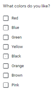 Example of a checkbox question type. The question reads 'what colors do you like?' with the answers red, blue, green, yellow, black, orange, brown, and pink