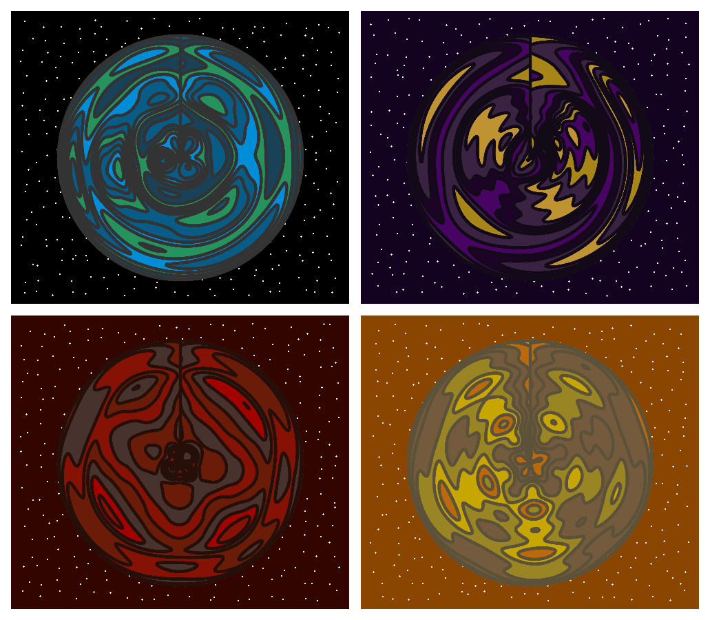 Planet Quad - Rtistry - Four different colored planets in outer space made in the R programming language on a 2 x 2 grid